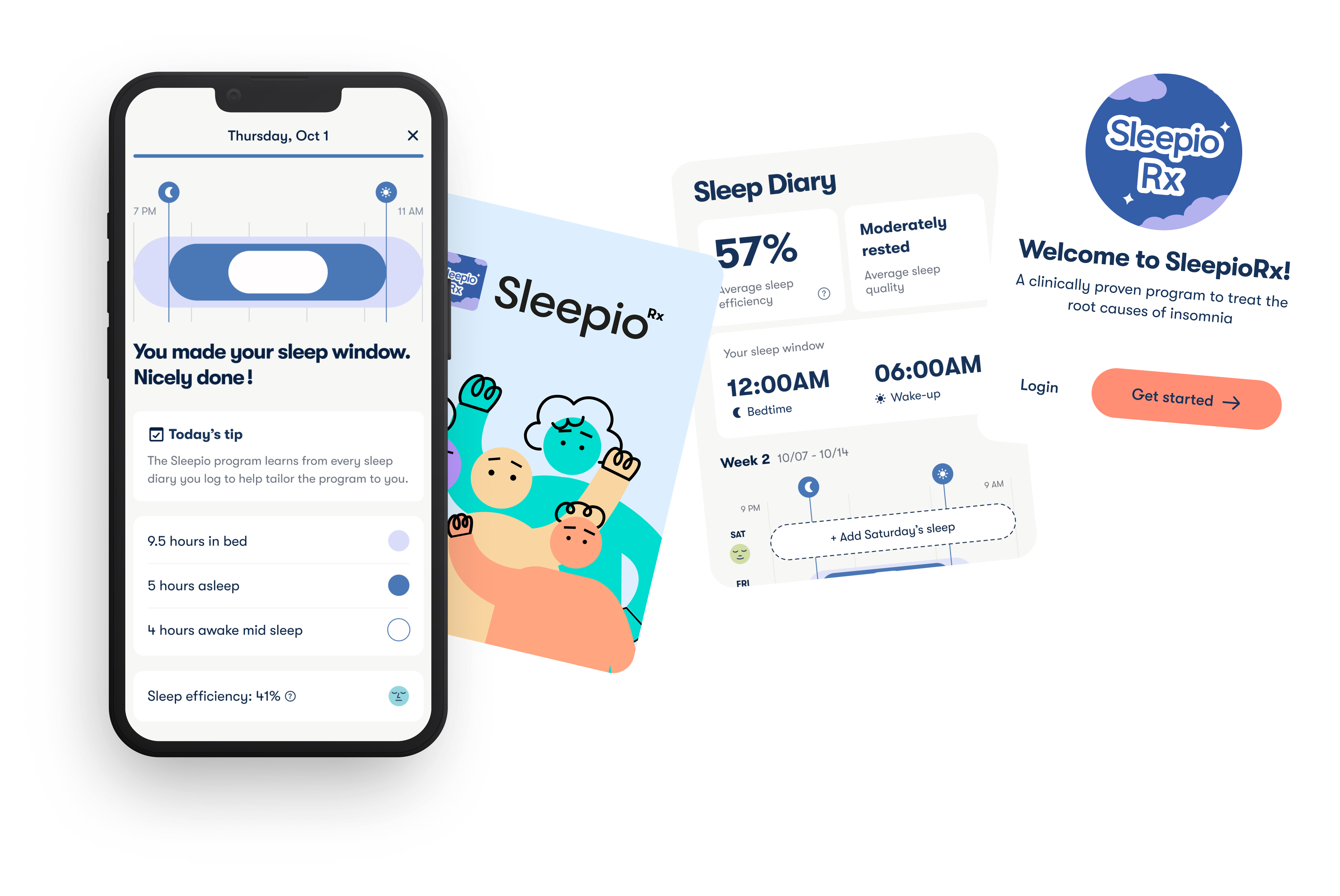 SleepioRx app — sleep diary, sleep window, and progress tracking